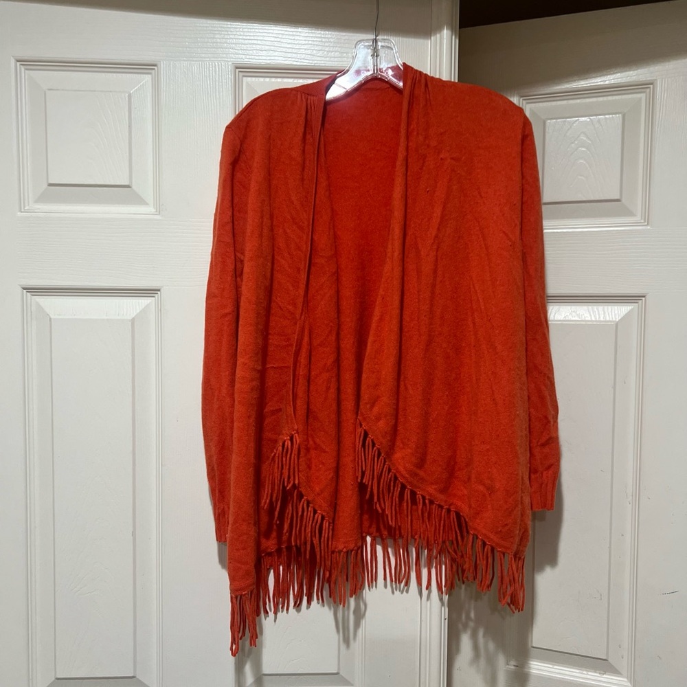 Women Sz small Fringe Open cardigan cashmere Sweater orange fall‎ winter relaxed